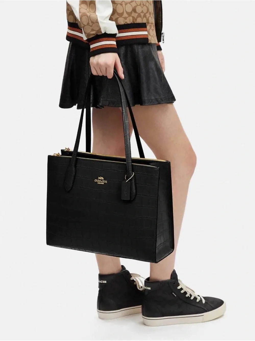 Coach Nina Tote CL654 Black Croc Embossed Leather Gold Hardware Large Carryall